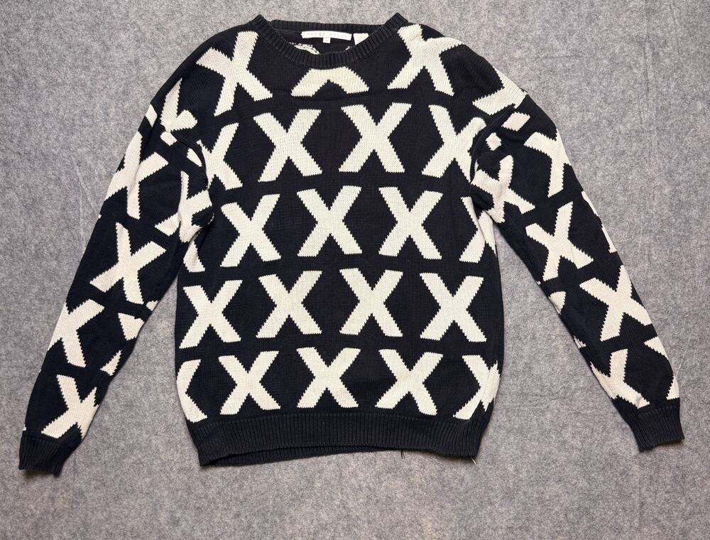 Vintage Perry Ellis Mens S Black Cream X Pattern Intarsia Knit Cotton Sweater